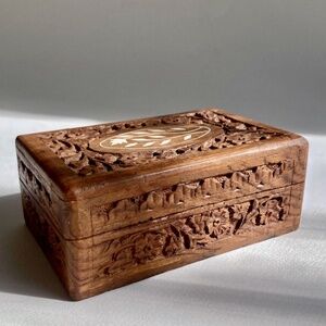 1970's Hand Carved Himalayan Sheesham Wood Jewelry Box